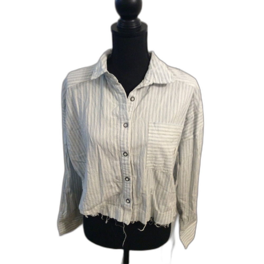 We the Free People Striped Small Button Front Chambray Raw Hem Long Sleeve boho